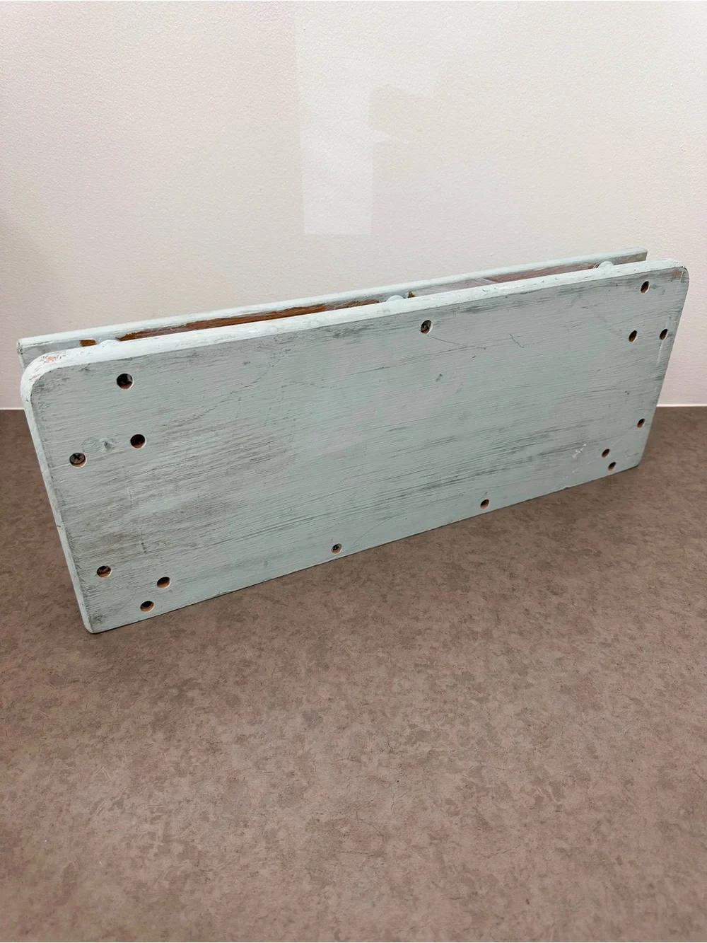 Vintage-Inspired Light Blue Painted Wood Wall Shelf Spindle Gallery Rail 20 x 8”